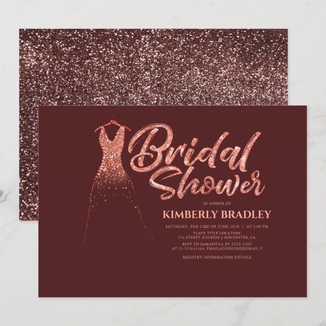 Rose Gold Glitter Burgundy Red Bridal Shower Invitation (Front/Back)