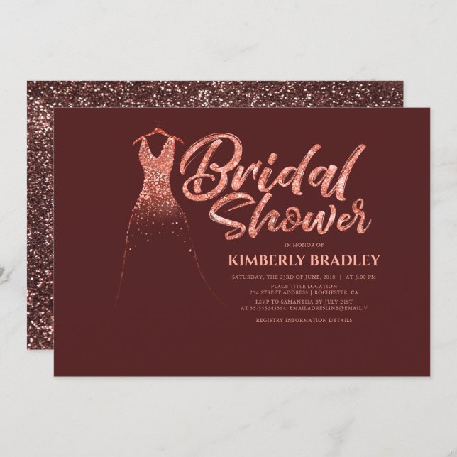 Rose Gold Glitter Burgundy Red Bridal Shower Invitation (Front/Back)
