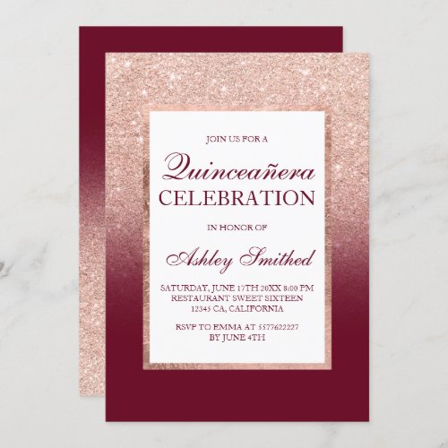 Rose gold glitter burgundy red elegant Quinceaera Invitation