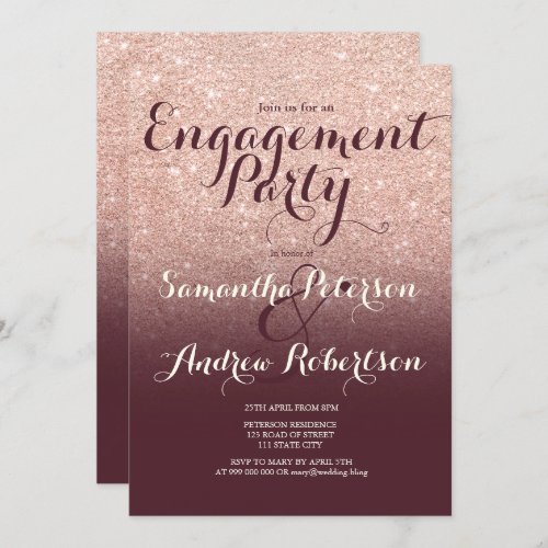 Rose gold glitter burgundy red engagement party invitation