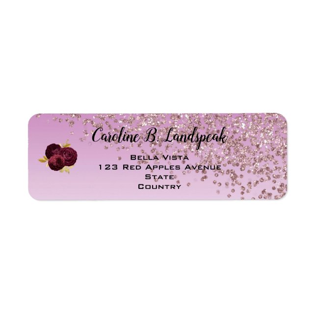 Rose Gold Glitter, Burgundy Roses Sweet 16 Label (Front)