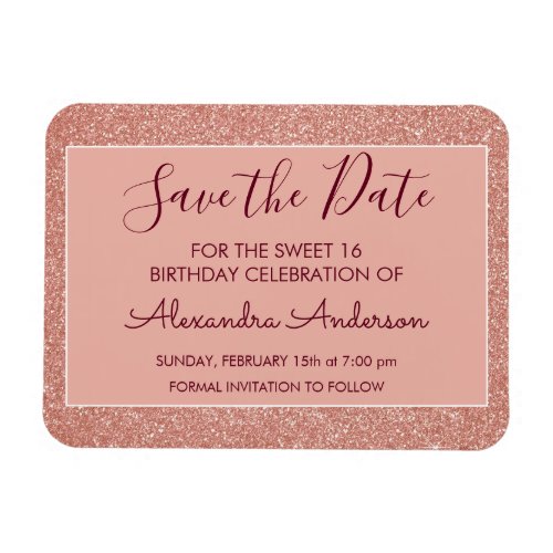 Rose Gold Glitter Burgundy Sweet 16 Save the Date Magnet