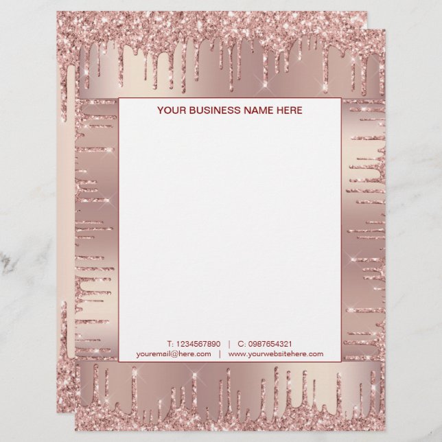 Rose Gold Glitter Business Letterhead Template (Front/Back)
