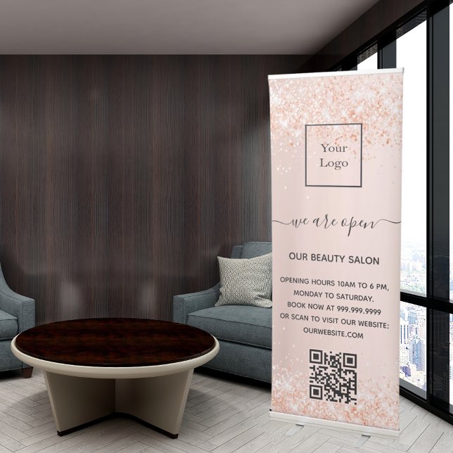 Rose gold glitter business logo qr code retractable banner (Creator Uploaded)