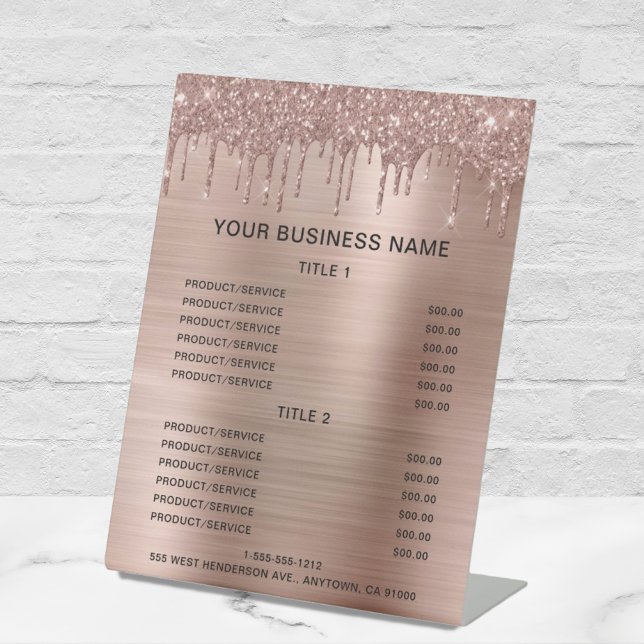 Rose Gold Glitter Business Price List Pedestal Sign (Creator Uploaded)