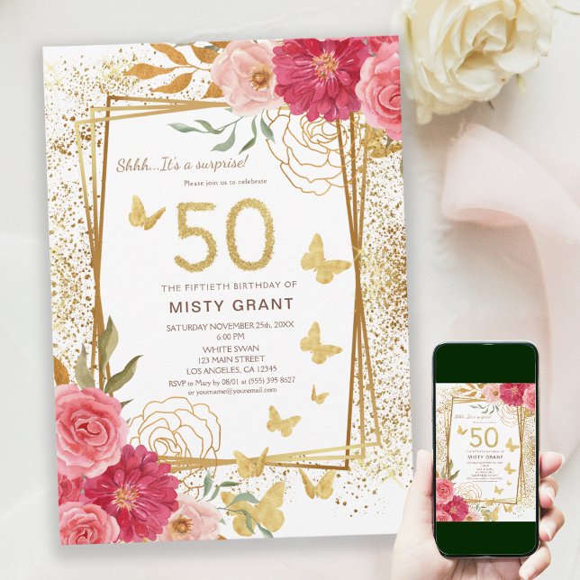 Rose Gold Glitter Butterfies Pink 50th Birthday Invitation (Creator Uploaded)