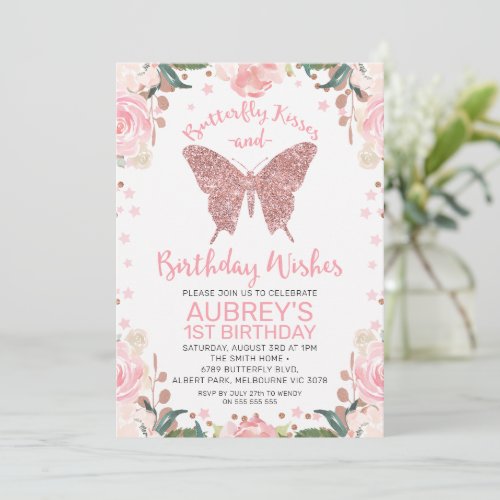 Rose Gold Glitter Butterfly Kisses Birthday Wishes Invitation