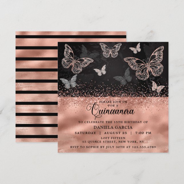 Rose Gold Glitter Butterfly Modern Quinceañera Invitation (Front/Back)