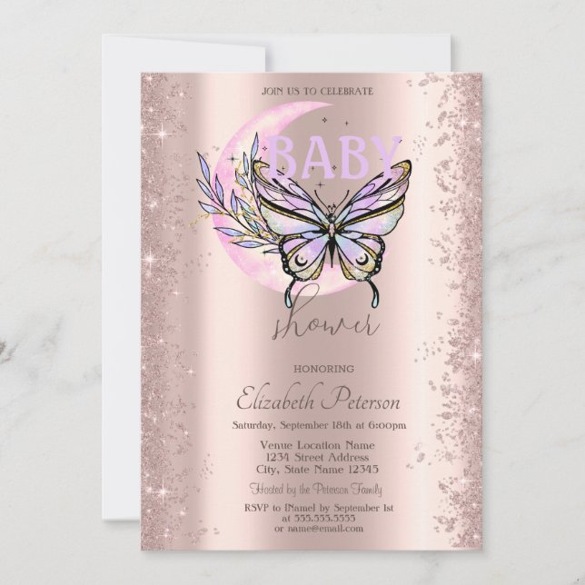 Rose Gold Glitter Butterfly Moon Baby Shower Invitation (Front)