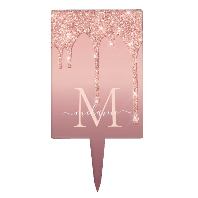 Rose Gold Glitter Cake Topper Custom Letter Name (Front)