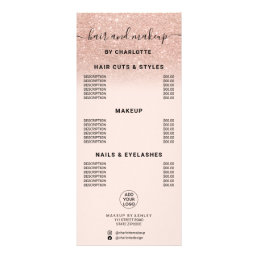 Rose gold glitter calligraphy hair makeup price rack card