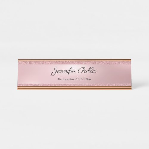 Rose Gold Glitter Calligraphy Text Elegant Modern Desk Name Plate