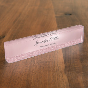 Rose Gold Glitter Calligraphy Text Name Elegant Desk Name Plate