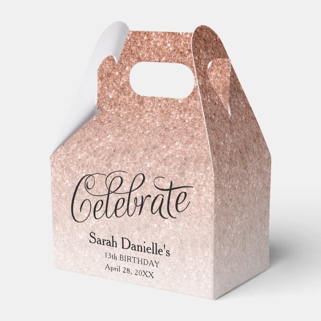 Rose Gold Glitter Celebrate Custom Birthday Favor Boxes (Front Side)