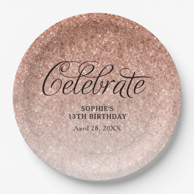 Rose Gold Glitter Celebrate Personalized Paper Plates (Front)