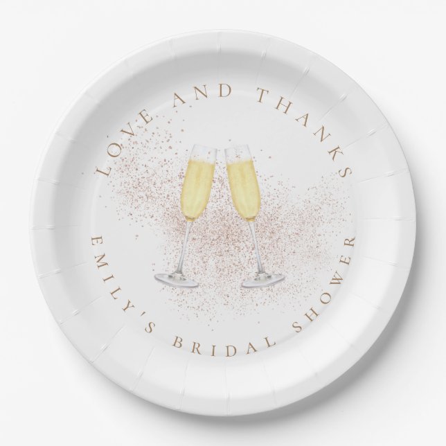 Rose Gold Glitter Champagne Flutes Bridal Shower  Paper Plates (Front)