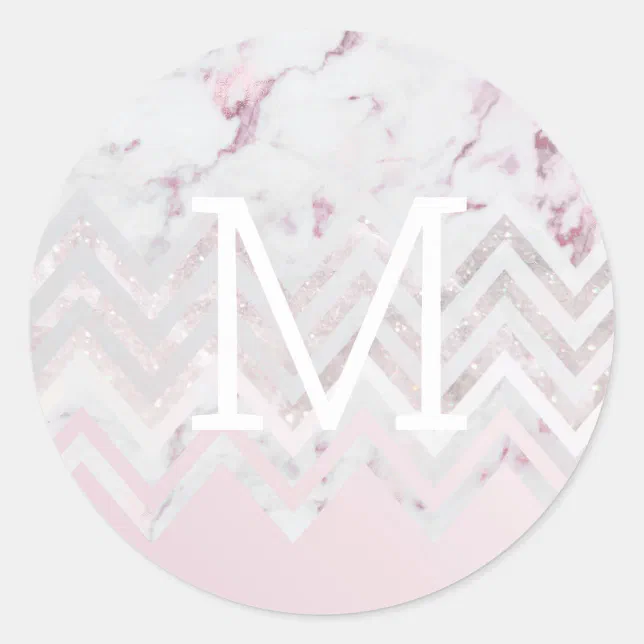 Rose Gold Glitter Chevron Pink Marble Monogram Classic Round Sticker ...