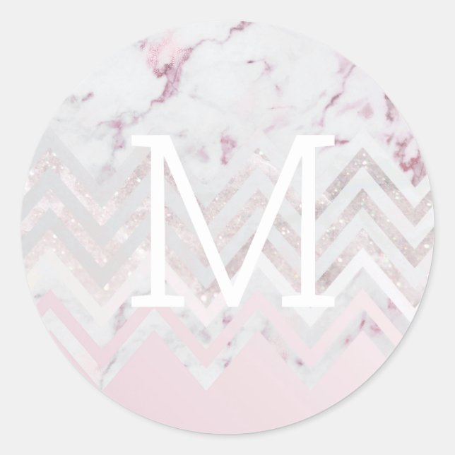 Rose gold glitter chevron pink marble monogram classic round sticker (Front)