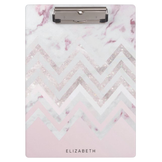 Rose gold glitter chevron pink marble monogram clipboard (Front)