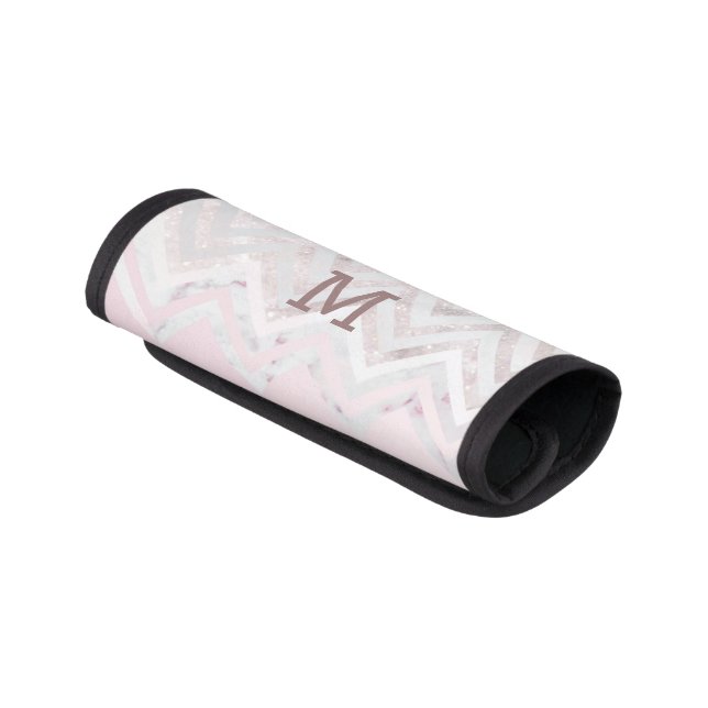 Rose gold glitter chevron pink marble monogram luggage handle wrap (Angled)