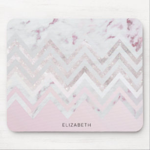 Rose gold glitter chevron pink marble monogram mouse pad