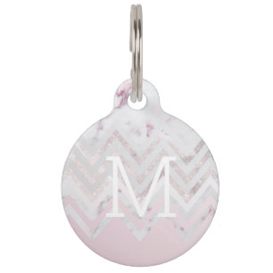 Rose gold glitter chevron pink marble monogram pet ID tag