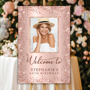 Rose Gold Glitter Chic 45th Birthday Photo Welcome Foam Board