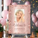 Rose Gold Glitter Chic 90th Birthday Photo Welcome Foam Board<br><div class="desc">Elegant Modern Sparkle rose gold glitter metallic and Personalized Photo 90th Birthday Welcome Foam Board. This Girly Adult feminine NINETY (NINETIETH) OR ANY AGE Birhday party sign featuring a stylish handwritten calligraphy script, blush pink or rose gold faux brushed metallic foil background with loose glam glitter frame around. Ideal for...</div>