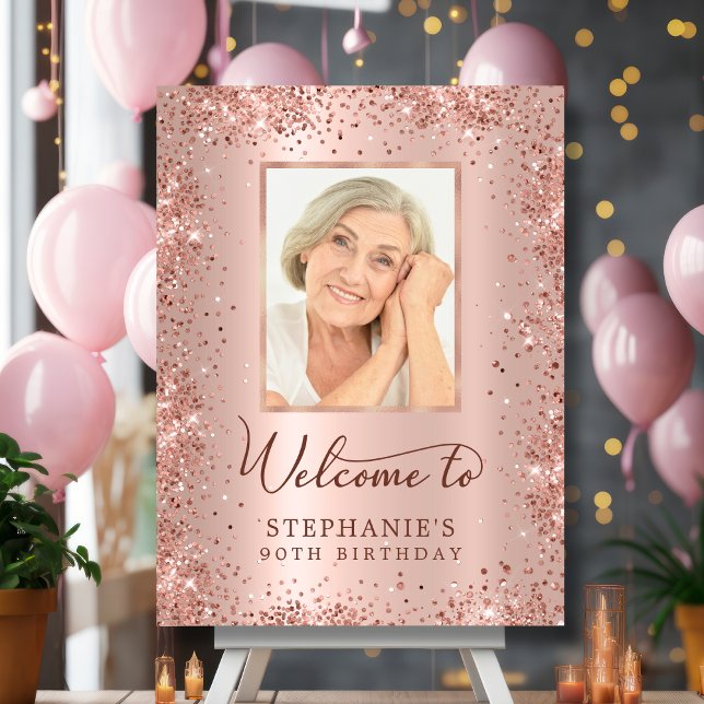 Rose Gold Glitter Chic 90th Birthday Photo Welcome Foam Board (Creator Uploaded)