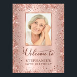Rose Gold Glitter Chic 90th Birthday Photo Welcome Poster<br><div class="desc">Elegant Modern Sparkle rose gold glitter metallic and Personalized Photo 90th Birthday Welcome Sign Poster. This Girly Adult feminine NINETY (NINETIETH) OR ANY AGE Birhday party sign featuring a stylish handwritten calligraphy script, blush pink or rose gold faux brushed metallic foil background with loose glam glitter frame around. Ideal for...</div>