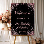 Rose Gold Glitter Chic Black 21st Birthday Welcome Foam Board<br><div class="desc">Elegant Modern Sparkle Rose Gold Glitter Black 21st Birthday Welcome Foam Board. This Girly Adult feminine (any age) Birhday party sign featuring an elegant hand lettered calligraphy script and rose gold diamond glitter frame on black background. Ideal for a feminine adult milestone birthday celebration, this invitation perfectly captures the essence...</div>