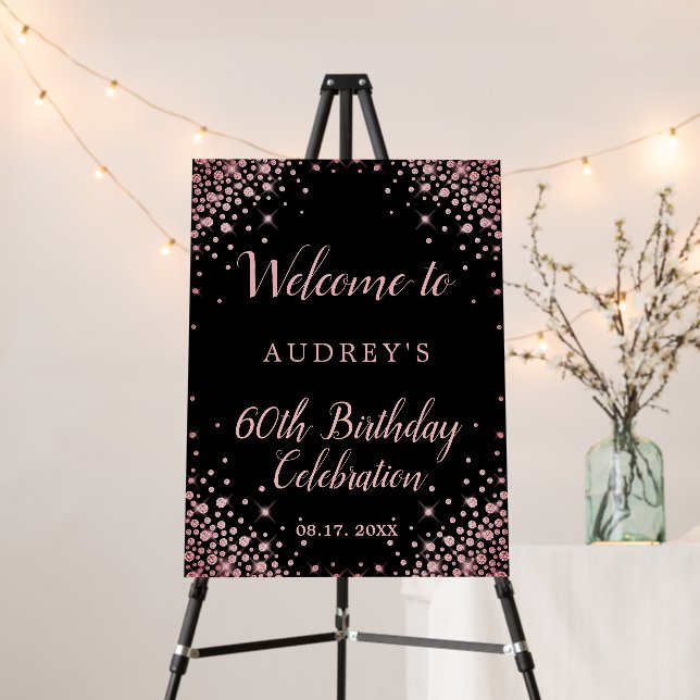 Rose Gold Glitter Chic Black 60th Birthday Welcome Foam Board (In Situ (Stand))