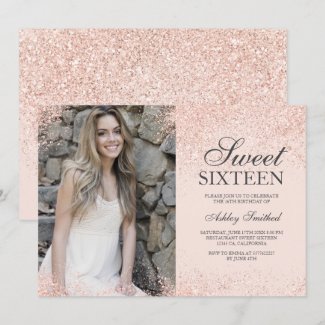 rose gold glitter chic blush pink photo Sweet 16 Invitation