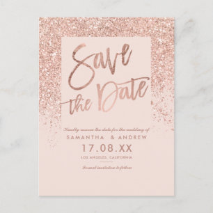 Rose gold glitter chic blush pink save the date announcement postcard