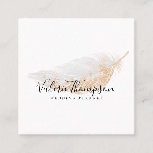 Rose gold glitter chic gray feather modern elegant square business card