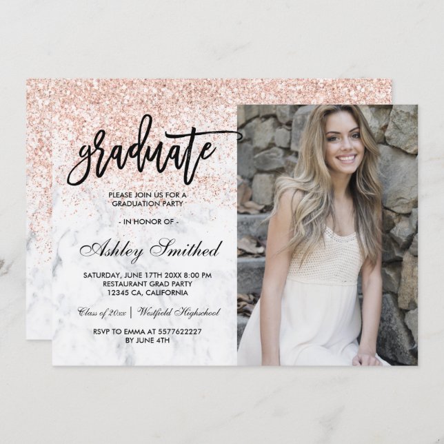 Rose gold glitter chic marble graduate typography invitation (Front/Back)