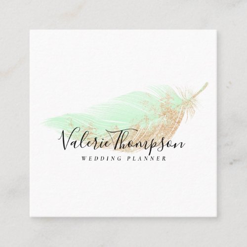 Rose gold glitter chic mint feather modern elegant square business card