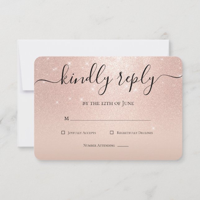 Rose Gold Glitter Chic Pink Floral Quinceanera RSVP Card (Back)