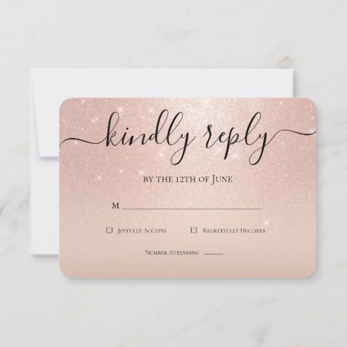 Rose Gold Glitter Chic Pink Floral Quinceanera RSVP Card