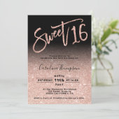 Rose gold glitter chic script black Sweet 16 photo Invitation (Standing Front)