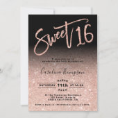Rose gold glitter chic script black Sweet 16 photo Invitation (Front)
