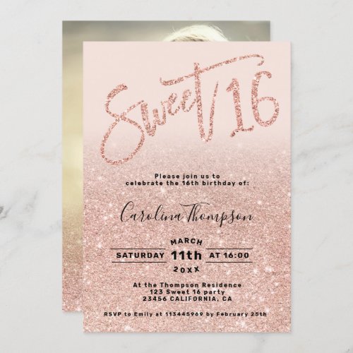 Rose gold glitter chic script blush Sweet 16 photo Invitation