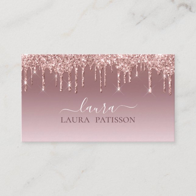 Rose Gold glitter chic script with monogram Business Card (Front)