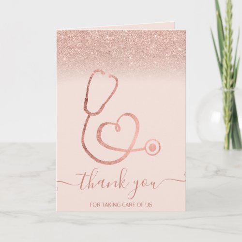 Rose gold glitter chic stethoscope nurse thank you card