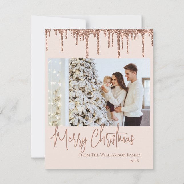 Rose Gold Glitter Christmas Photo Card  (Front)