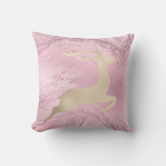 Rose gold glitter Christmas reindeer pattern Throw Pillow (Front)