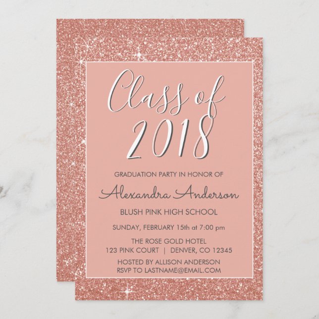 Rose Gold Glitter Class of 2018 Graduation Party Invitation (Front/Back)