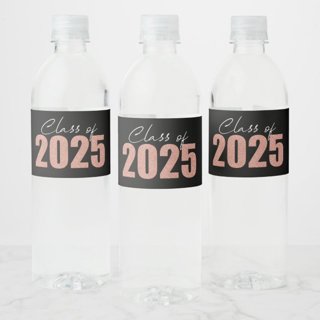 Rose Gold Glitter Class of 2025 Water Bottle Label (Bottles)
