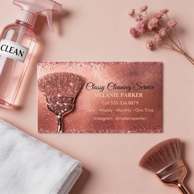 Rose Gold Glitter Classy Cleaning Services Business Card (Creator Uploaded)