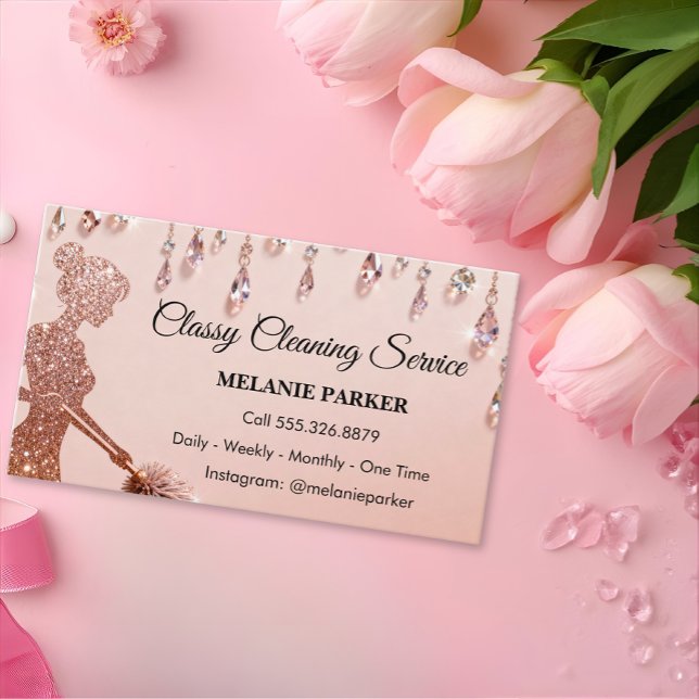 Rose Gold Glitter Classy Cleaning Services Business Card (Creator Uploaded)